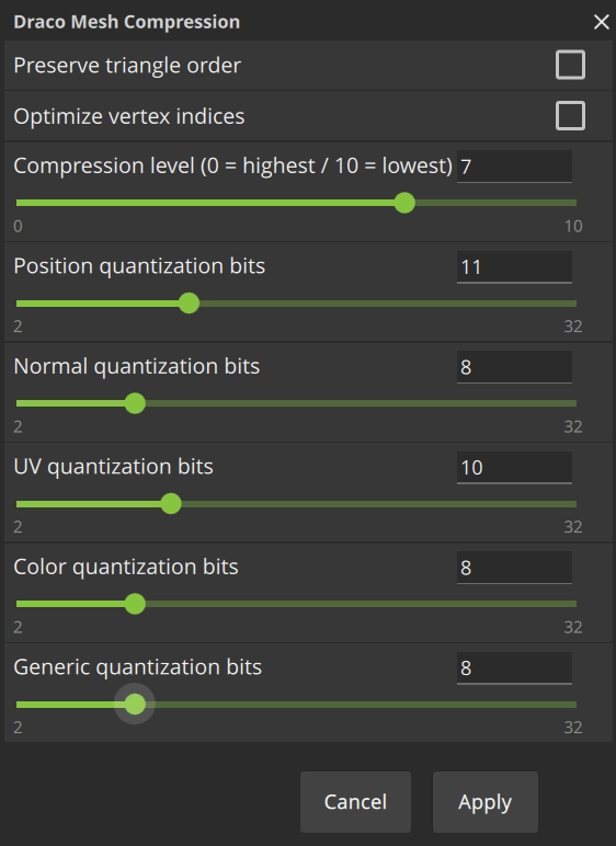 Screenshot of the primitive inspector with the draco mesh compression panel